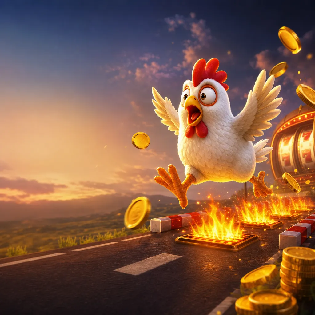 Illustration of playful chickens on a dynamic road with slot game elements.