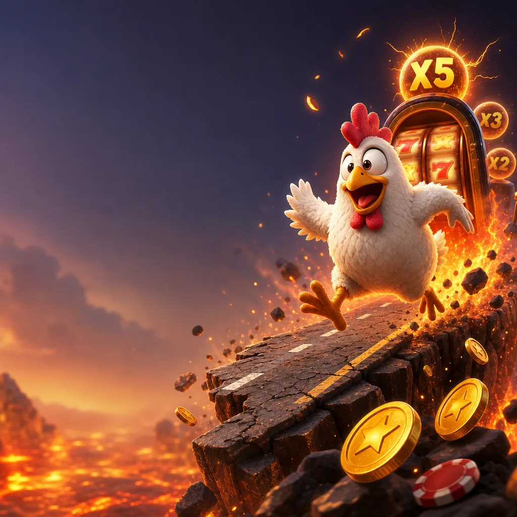 A dynamic chicken-themed illustration for the Chicken Road slot game featuring a playful chicken on a vibrant road.
